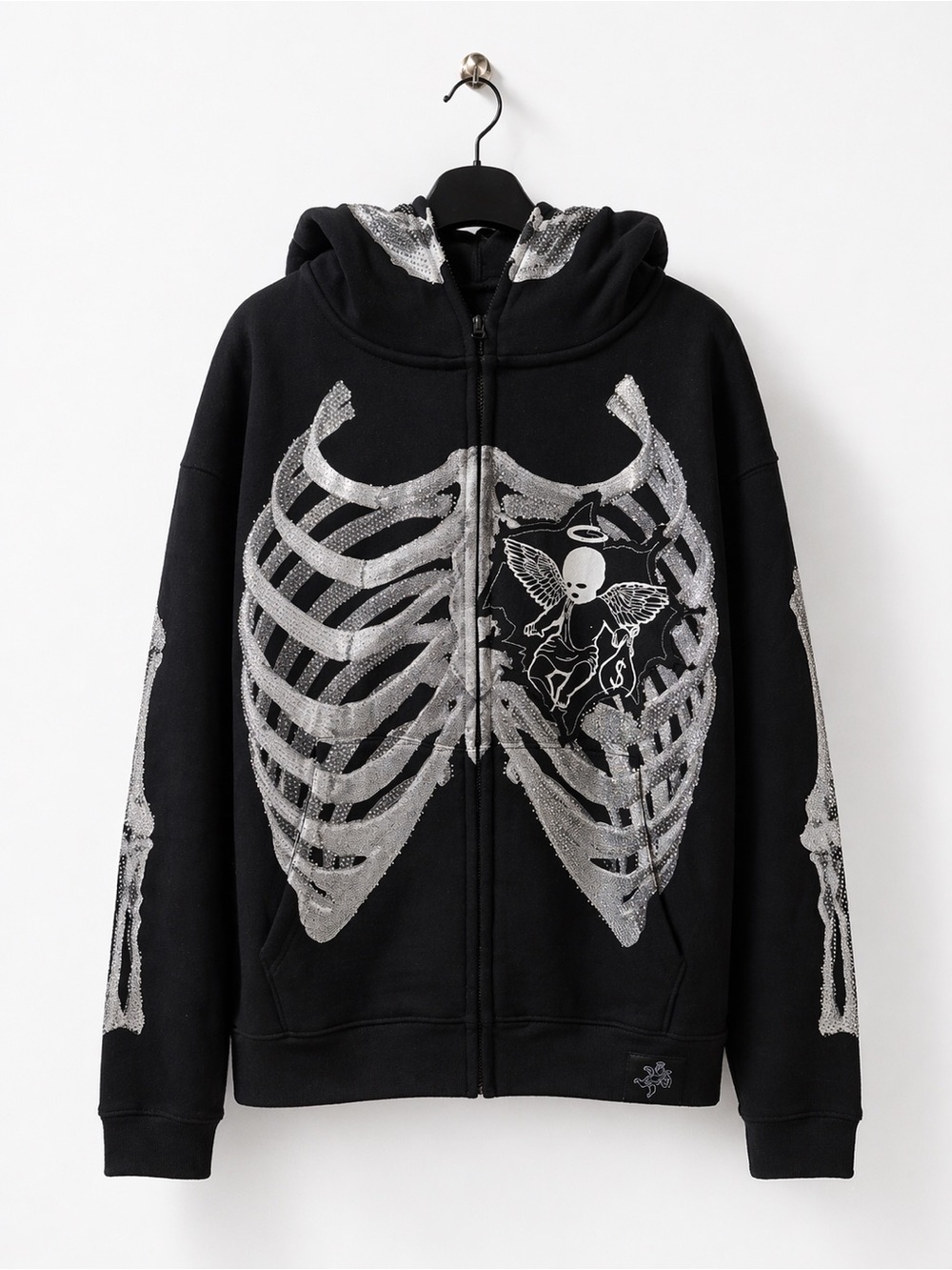 Muerte Black Zip-Up Hoodie with Silver Skeleton Ribcage Graphic